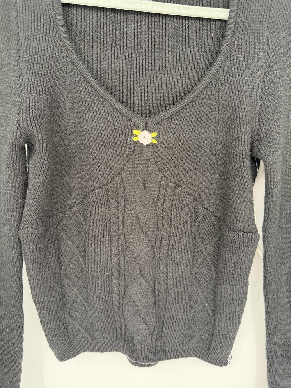 Beverly & Beck Black V-Neck Cable Knit Sweater with Pink Flower Detail